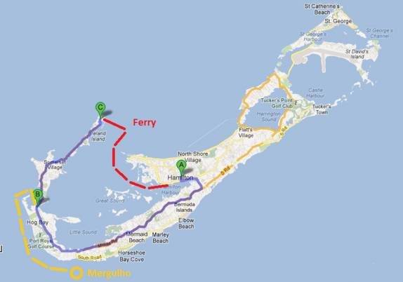 Nossa rota no segundo dia em Bermuda: táxi (de A à B), mergulho, ônibus (de B à C) e ferry de volta para casa
